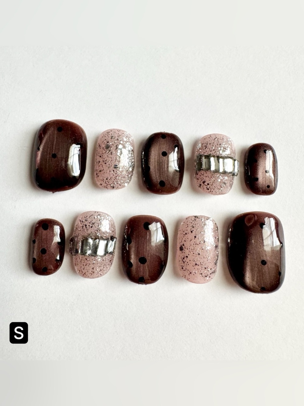 Polka Dot Glitter Press-On Nails Pink & Brown